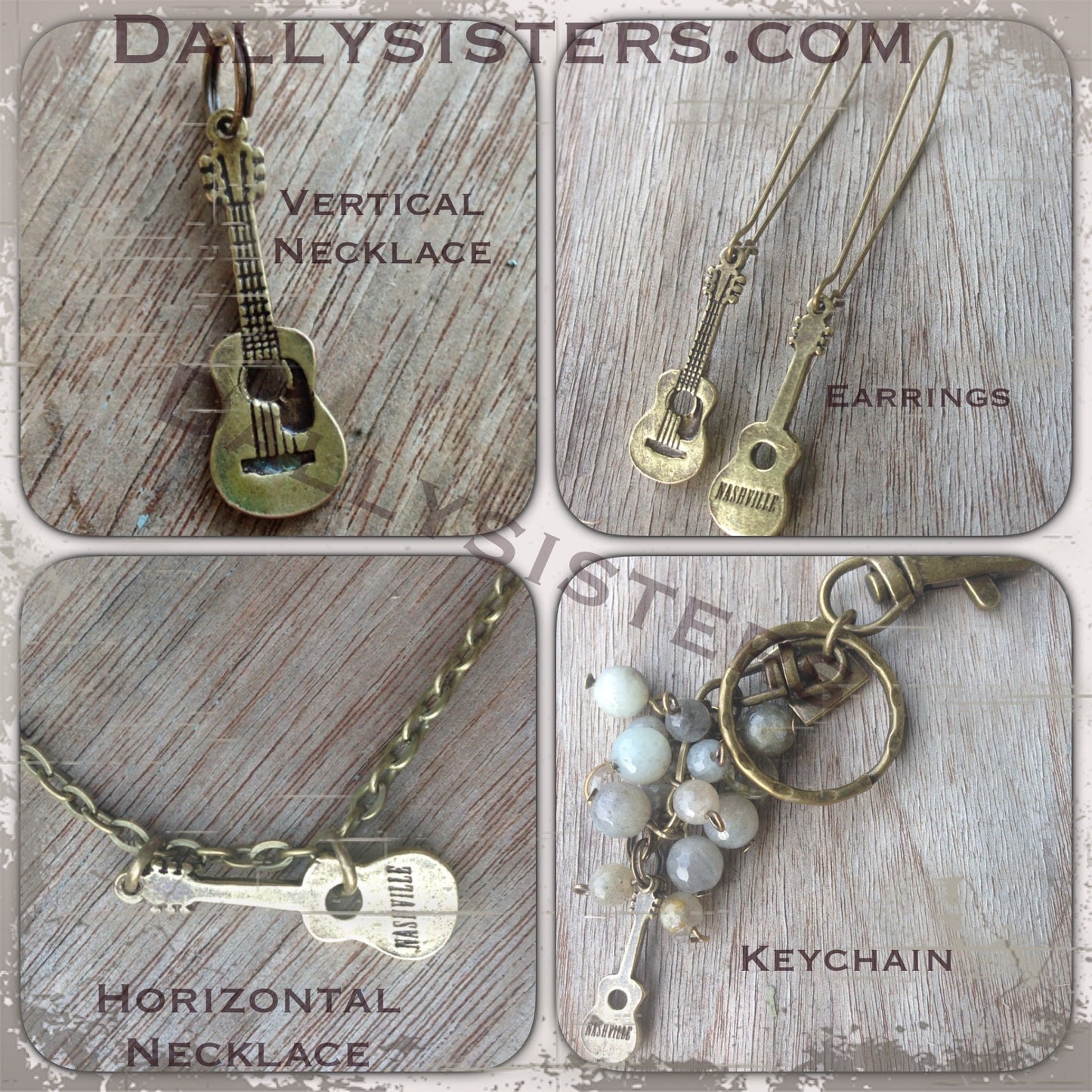 Nashville Guitar Charm Necklace Earrings Gift