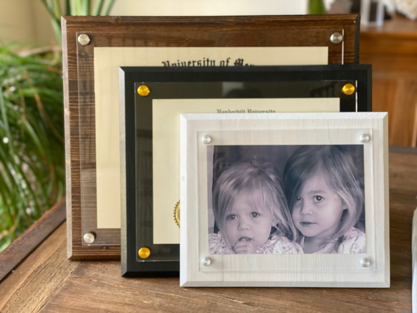 Acrylic and Wood Frame CUSTOM sizes Diploma, Certificate, Graduation, Degree, Standoffs, Art, Photo, White, Black, Brown