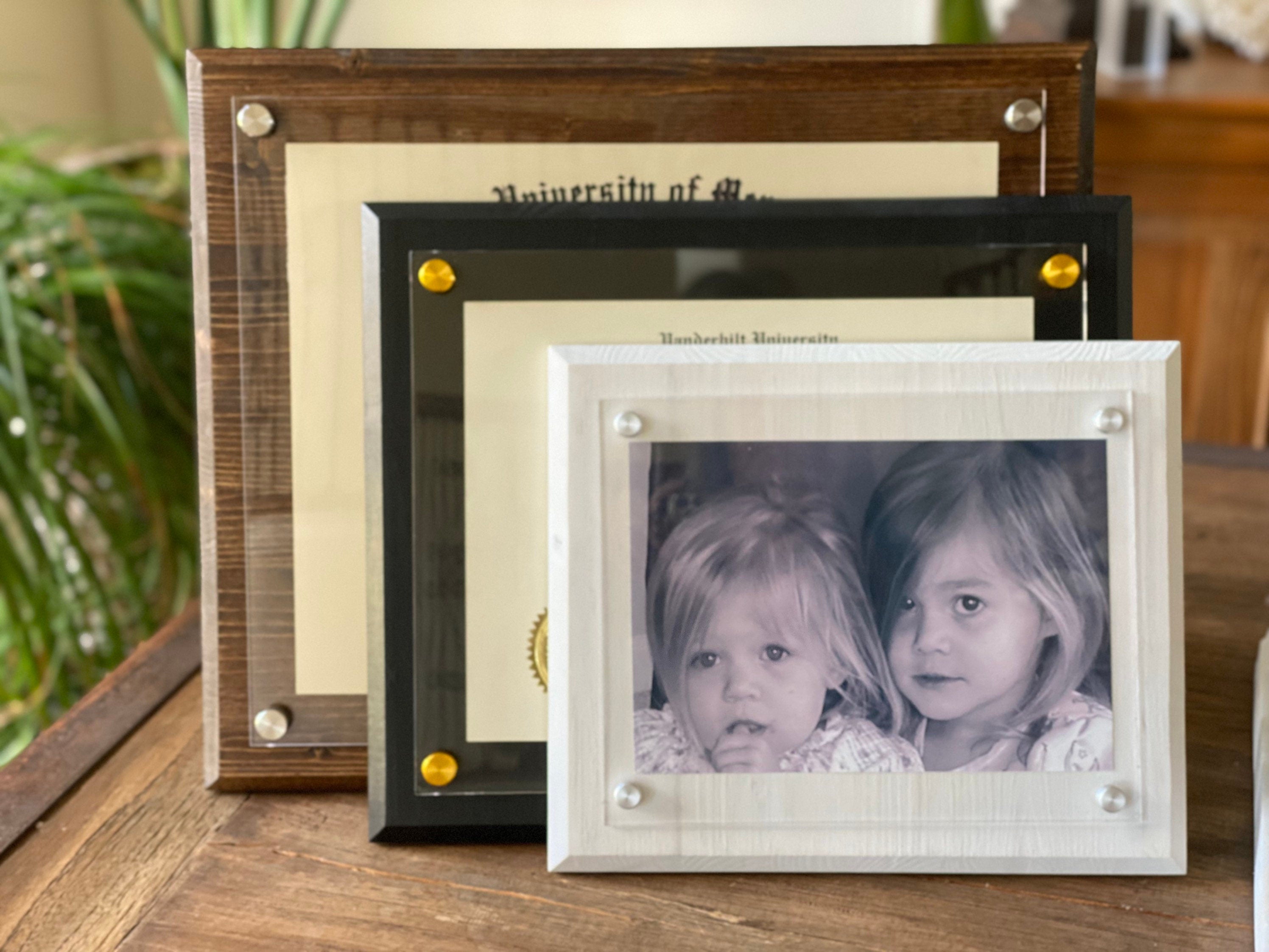 Acrylic and Wood Frame CUSTOM sizes Diploma, Certificate, Graduation, Degree, Standoffs, Art, Photo, White, Black, Brown