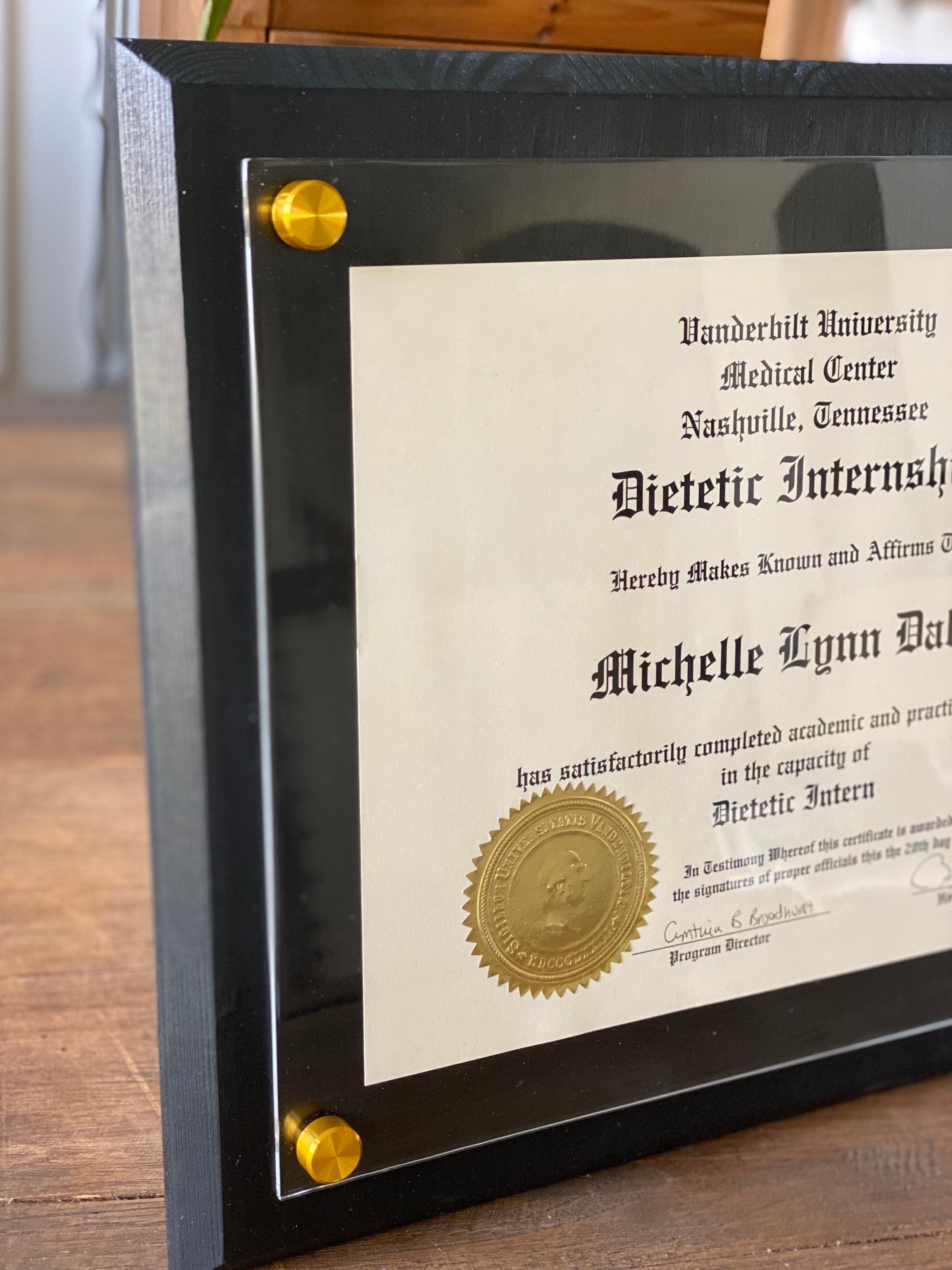 Acrylic and Wood Frame CUSTOM sizes Diploma, Certificate, Graduation, Degree, Standoffs, Art, Photo, White, Black, Brown