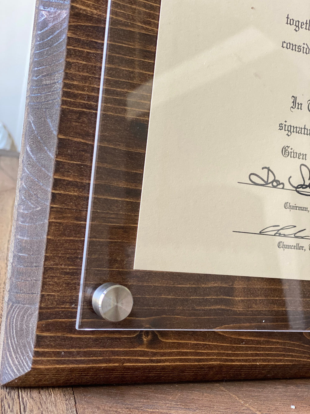 Acrylic and Wood Frame CUSTOM sizes Diploma, Certificate, Graduation, Degree, Standoffs, Art, Photo, White, Black, Brown